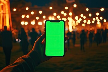 Phone with green screen held up at an outdoor concert with blurred lights in the background