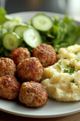  fried meatballs served with creamy mashed potatoes and a fresh green salad. AI generative.