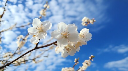Delicate white cherry blossoms against a bright blue sky, showcasing the beauty of nature in spring.