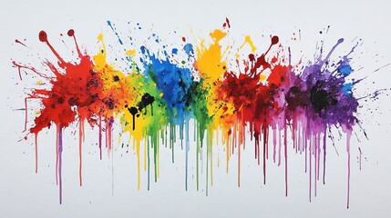 Fototapeta premium Colorful paint splashes creating a vibrant spectrum on white background.