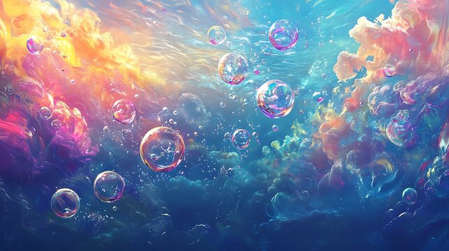 Colorful bubbles floating in a vibrant abstract background of clouds and sky.