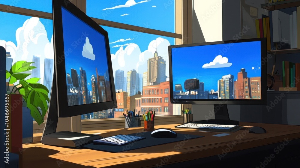 Poster a minimalist office desk with two computer monitors displaying a cloud-filled blue sky with a city s