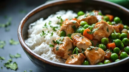 Close-up of a bowl of chicken, peas, carrots, and rice.