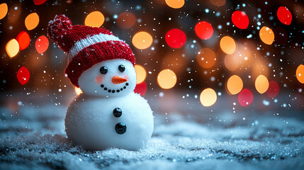 Obraz premium cheerful snowman wearing red hat stands amidst falling snowflakes and colorful lights