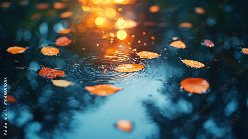 Poster a pond with leaves floating on the surface of the water. generative ai