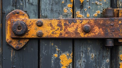Close-up view of an aged and rusted metal latch on weathered wooden door.