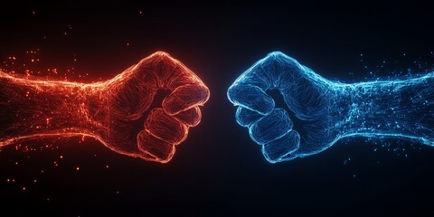Two clenched fists facing each other, representing tension or self-control, crafted from digital glowing lines.