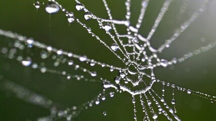 Closeup of water droplets on a spider web 