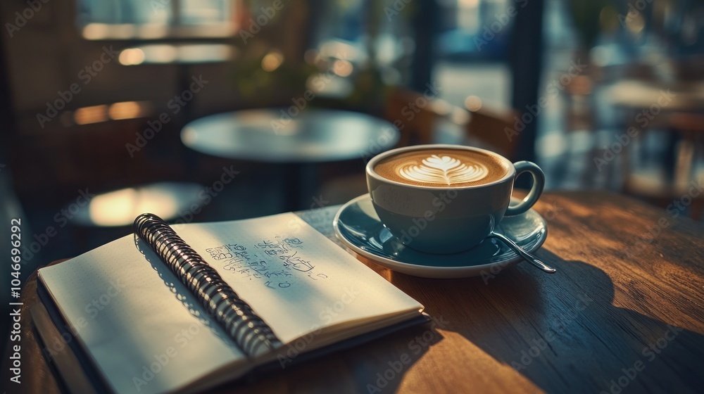 Poster a cup of latte with a latte art and a notebook on a wooden table in a cafe.