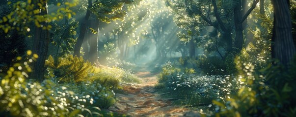 Peaceful forest path with sunlight filtering through the trees, 4K hyperrealistic photo