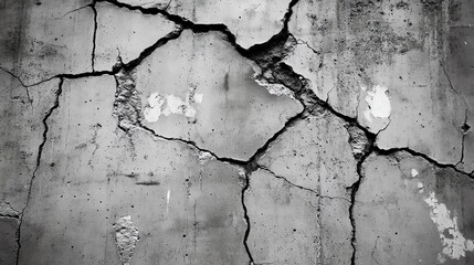 Fototapeta premium Close-up of cracked concrete wall texture in monochrome, ideal for abstract backgrounds.