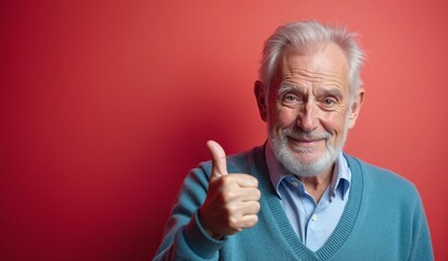 Senior man with cheerful expression giving thumbs up against vibrant red background with copy space