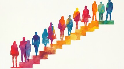 A diverse group of people in colorful silhouettes walk up a staircase painted in watercolor, symbolizing progress, growth, and success.