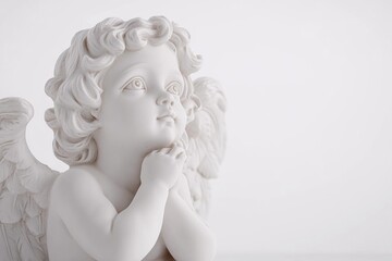 Cherub Angel Statue with Hand on Chin, Isolated on White Background, High Resolution