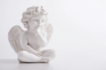 Cherub Angel Statue with Hand on Chin, Isolated on White Background, High Resolution
