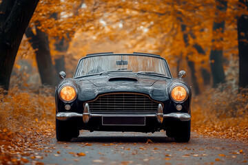 classic car on road with autumn landscape . AI generative.