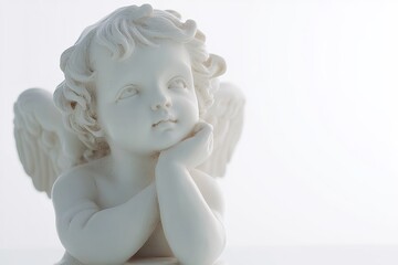Cherub Angel Statue with Hand on Chin, Isolated on White Background, High Resolution