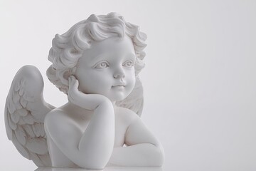 Cherub Angel Statue with Hand on Chin, Isolated on White Background, High Resolution