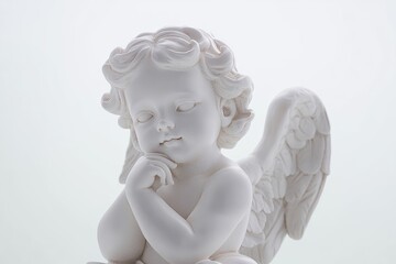 Cherub Angel Statue with Hand on Chin, Isolated on White Background, High Resolution