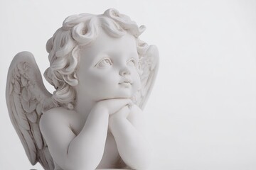 Cherub Angel Statue with Hand on Chin, Isolated on White Background, High Resolution