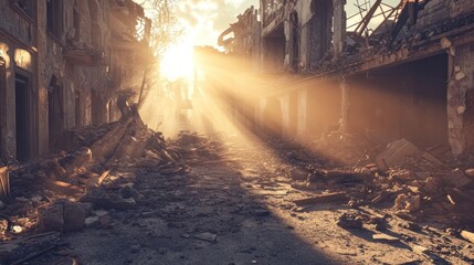 Fototapeta premium A sunlit street in a devastated urban landscape, highlighting destruction and resilience.