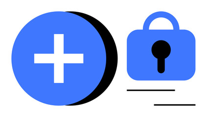 A blue lock next to a blue plus sign represents security and healthcare. Ideal for health apps, secure medical data, emergency services, digital health records and online medical support. Simple