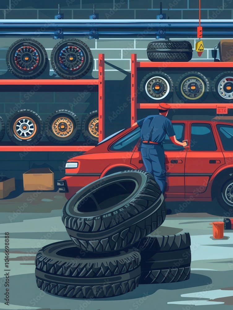 Poster A mechanic is in a garage changing tires on a red car while surrounded by spare wheels and tools on a sunny day. Generative AI