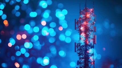 A tall cell phone tower with red lights against a bokeh background of blue and pink lights.