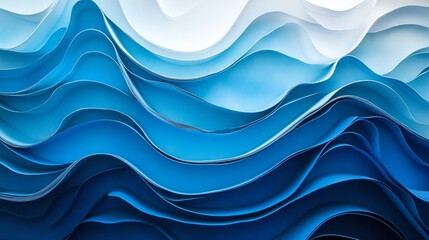 Fototapeta premium Abstract blue waves, layered paper texture, soft hues on white background.