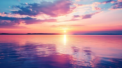 Fototapeta premium A vibrant sunset over calm waters, colorful sky with shades of pink, purple, and blue reflecting on the surface.