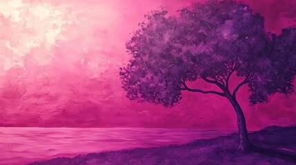A surreal purple landscape featuring a tree by a tranquil water body under a dramatic sky.