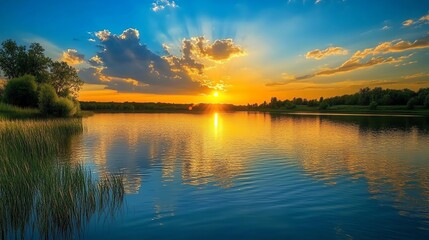 Fototapeta premium A stunning sunset over a tranquil lake surrounded by lush greenery, reflecting vibrant colors in the water.