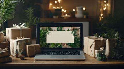 Fototapeta premium Cozy holiday workspace with laptop gift boxes and festive on a wooden desk Minimal flat lay composition with copy space for digital content or e commerce product display