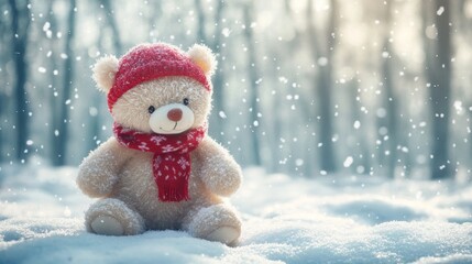 Teddy bear wearing a red winter scarf and hat sitting in a snow covered forest with soft snowflakes falling