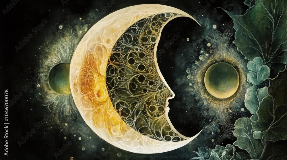 Poster enchanting crescent moon reflecting in a surreal mystical landscape with glowing celestial patterns 