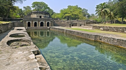 Fototapeta premium Ancient Stone Temple Pool India Historical Architecture and Water Feature