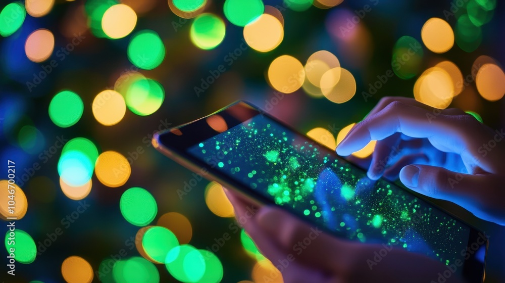 Poster festive and dazzling lights glowing on the smartphone screen in a joyful holiday atmosphere with a v