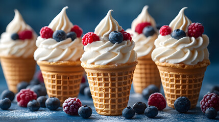 Creamy Ice Cream in Waffle Cones with Fresh Berries Against a Bright Blue Background. A Delightful Summer Dessert Display, Highlighting Smooth Texture, Vibrant Colors, and Refreshing Ingredients.
