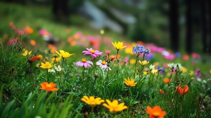 Fototapeta premium Vibrant wildflowers blooming in a lush green meadow under soft light.