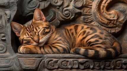 Sleeping Bengal Cat on Ornate Stone Surface