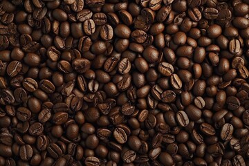 Obraz premium Hyper-realistic close-up of coffee beans with vivid colors and high definition detail, top view.