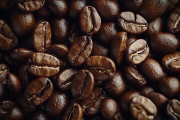 Obraz premium Hyper-realistic close-up of coffee beans with vivid colors and high definition detail, top view.