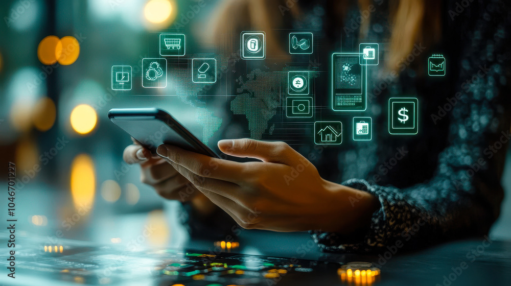 Poster international payment via decentralized finance app with global currency and blockchain icons