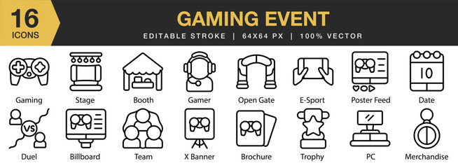 Gaming Event icon set. Editable Stroke Icon Collection. Includes billboard, booth, brochure, date, duel, gamer, and More. Outline icons vector collection. © spacepixel
