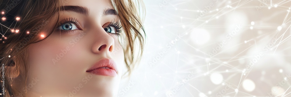 Poster A beautiful young woman, with captivating eyes, reflects on topics of technology, encapsulated by a digital data flow and networking backdrop. Generative AI