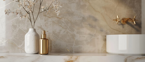 Obraz premium Luxury, marble interior of bathroom with sink, golden accessories, cosmetics, furniture. Minimal design. Generative ai