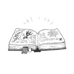 Vector vintage hand-drawn illustration of spell book in engraving style. Black and white sketch of magic props.