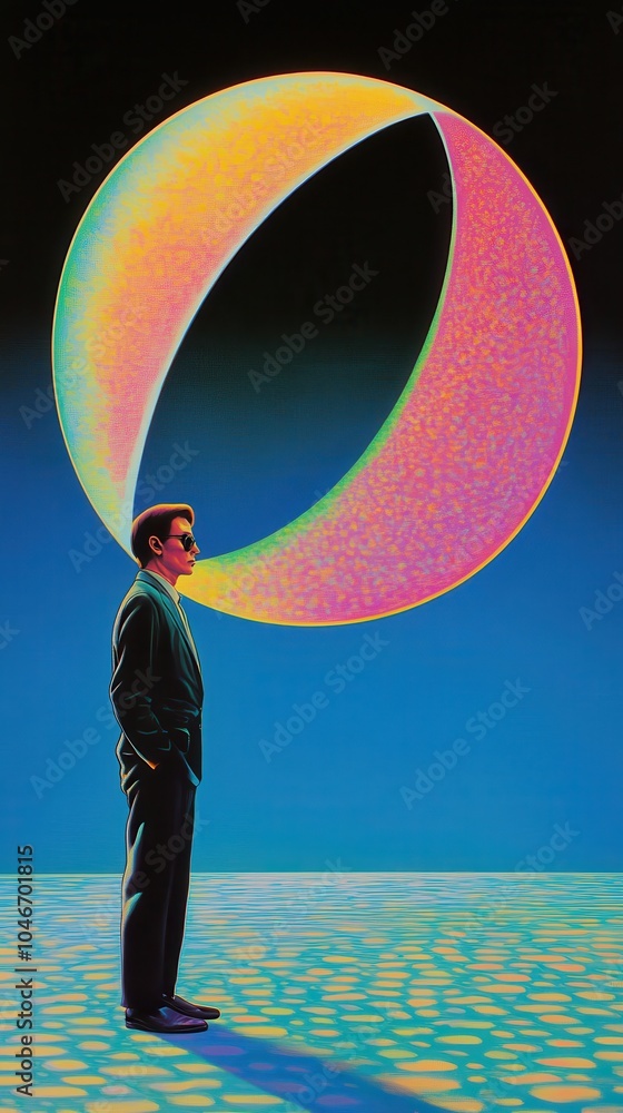 Poster Surreal abstract and psychedelic image depicting a colorful vibrant and fantasy like cosmic portal or sphere in the sky with a silhouetted standing man in a suit and tie against the backdrop