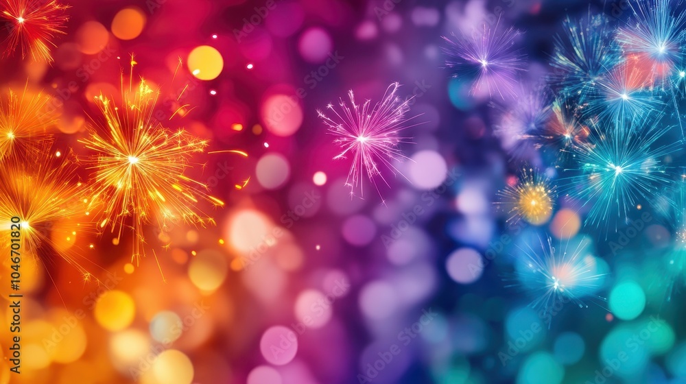 Poster stunning display of vibrant multicolored fireworks exploding against a dark night sky with a festive