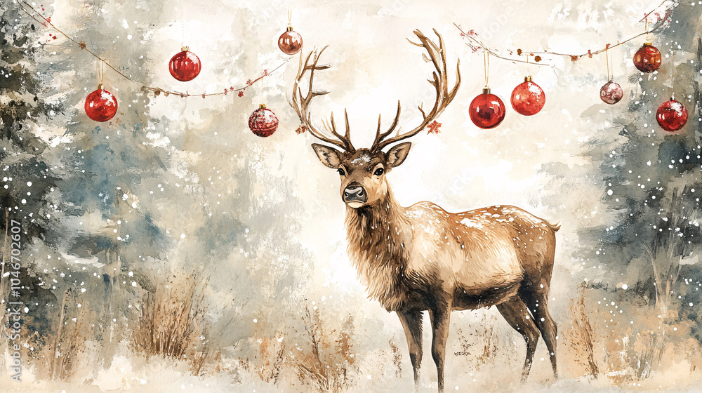 Poster a reindeer poses in snowy setting adorned with festive ornaments. generative ai.